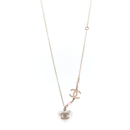 Chanel Resin Crystal CC Heart Necklace Pearly White Gold 1 of 5