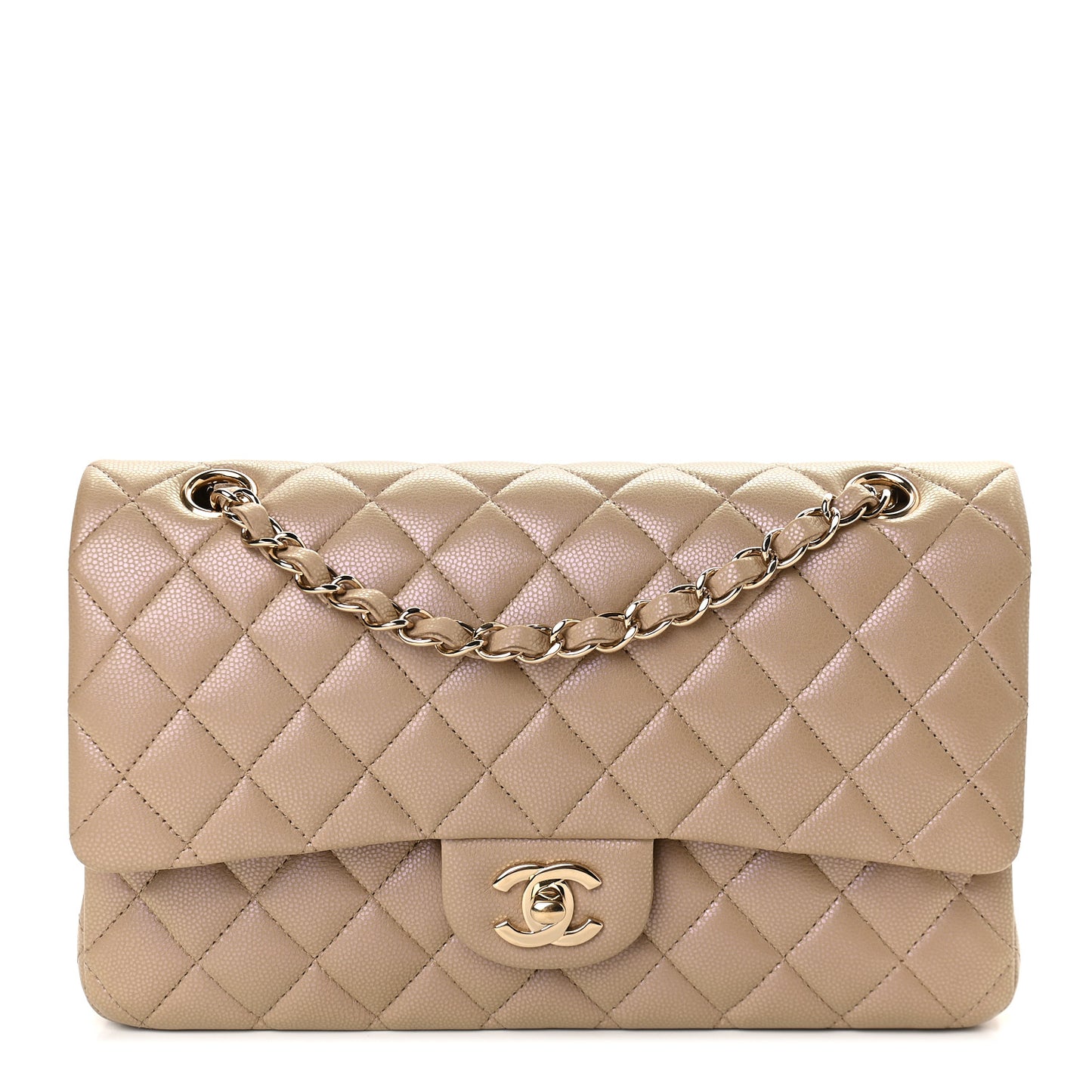 Iridescent Caviar Quilted Medium Double Flap Dark Beige