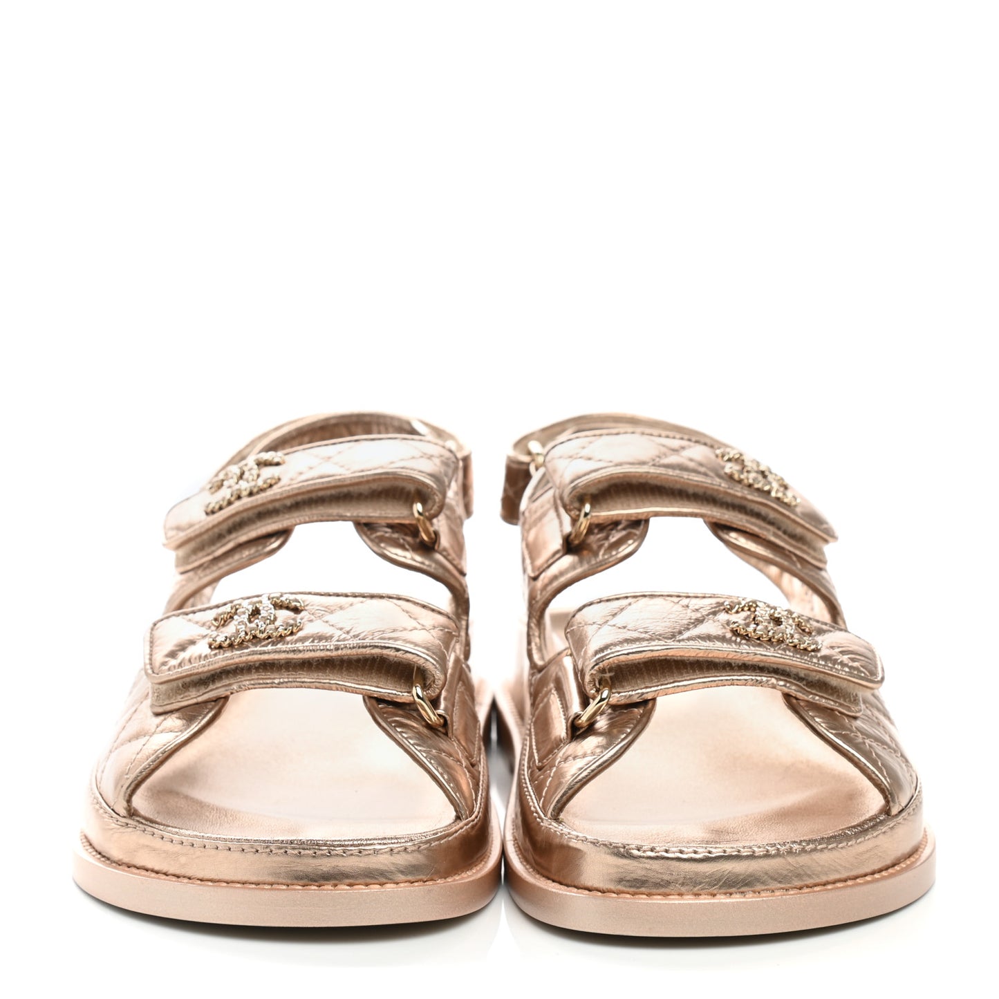 Iridescent Lambskin Quilted CC Dad Sandals 37 Light Bronze