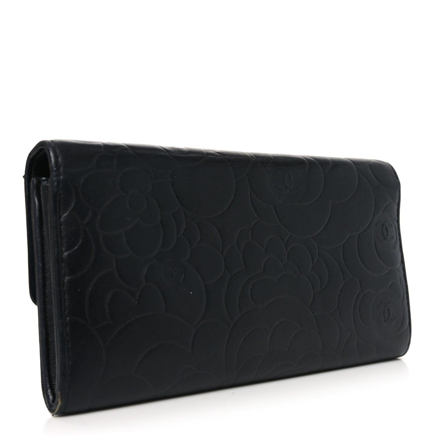 Lambskin Embossed Camellia Large Gusset Flap Wallet Black