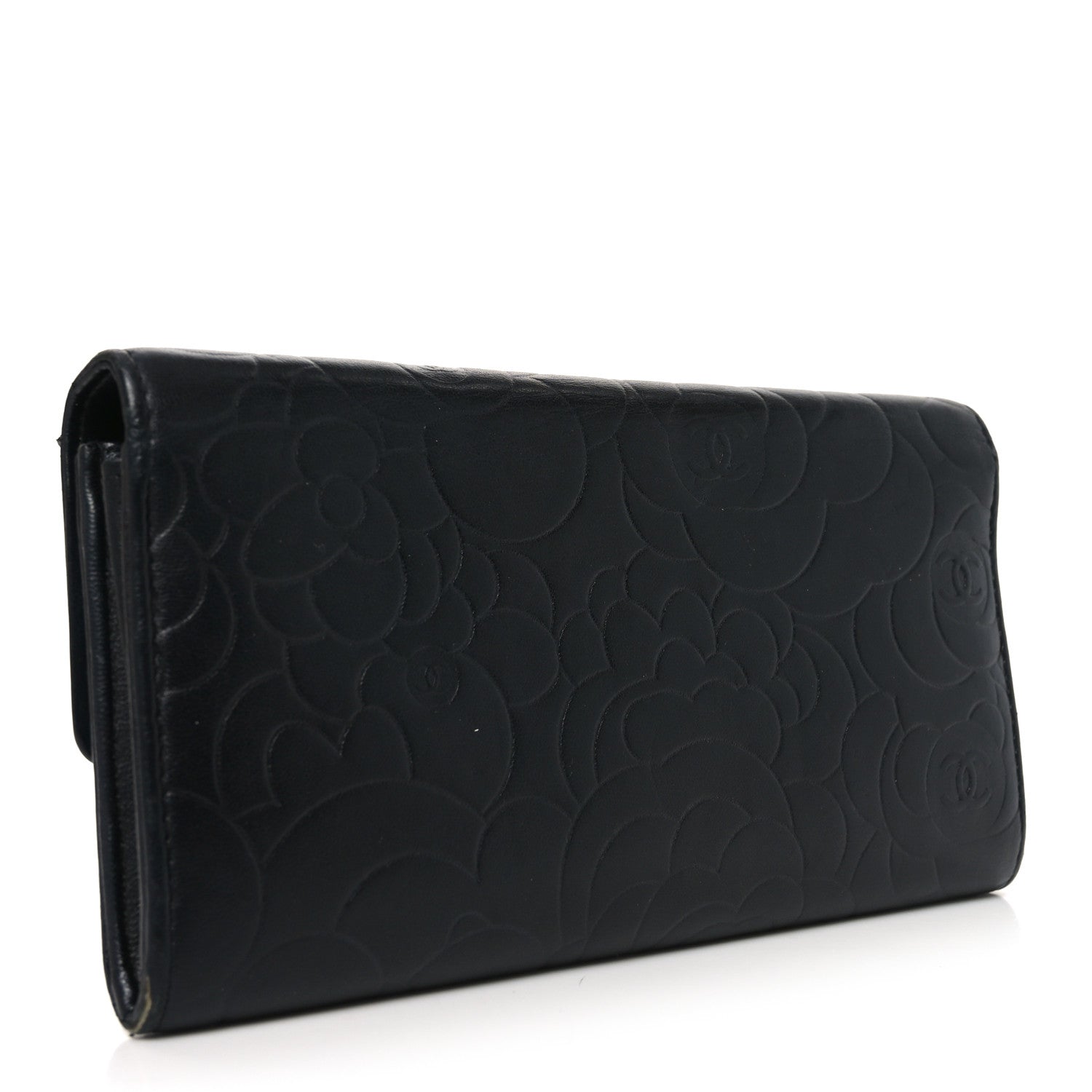 Chanel Lambskin Embossed Camellia Large Gusset Flap Wallet Black 3 of 10