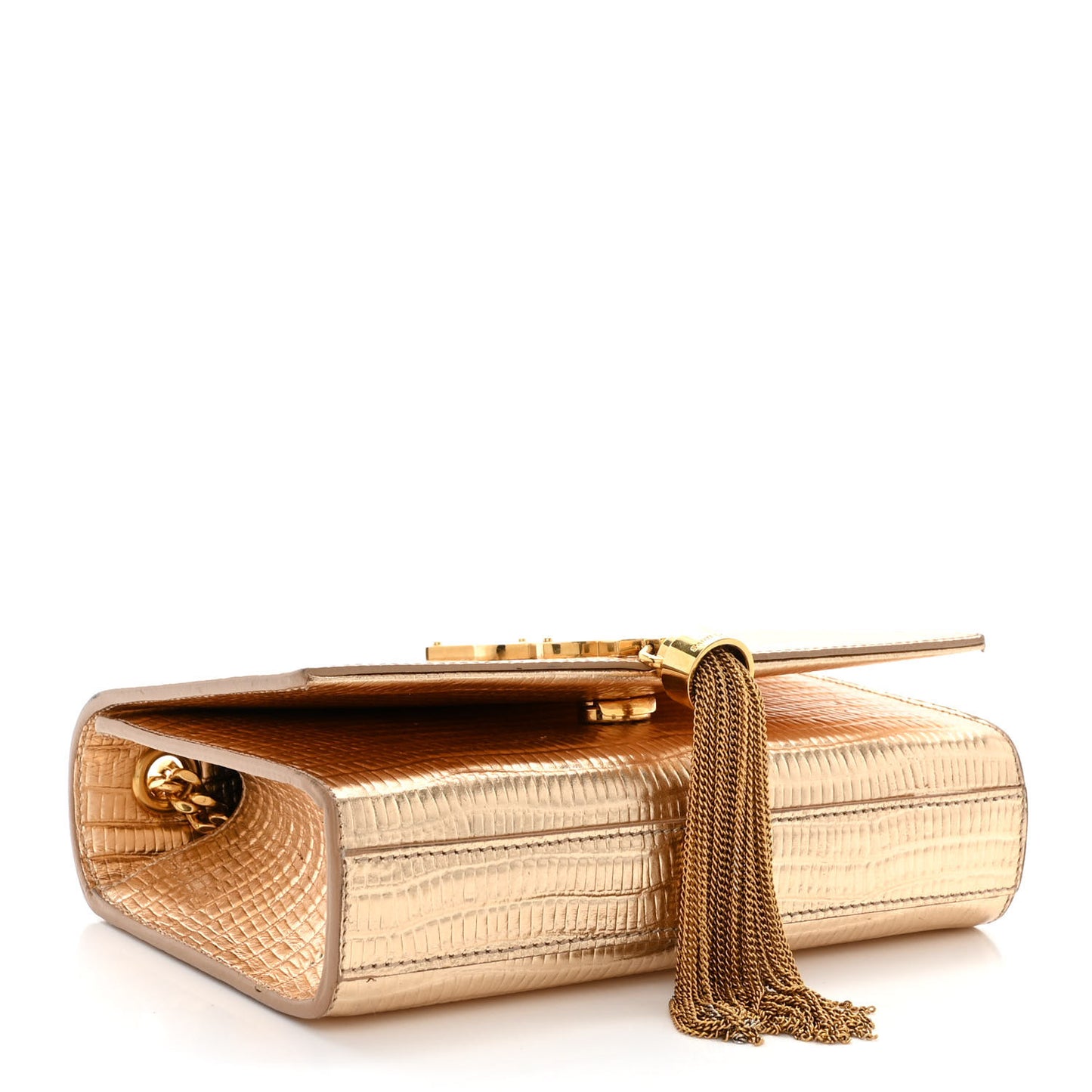 Metallic Calfskin Crocodile Embossed Small Classic Monogram Kate Tassel Satchel Gold