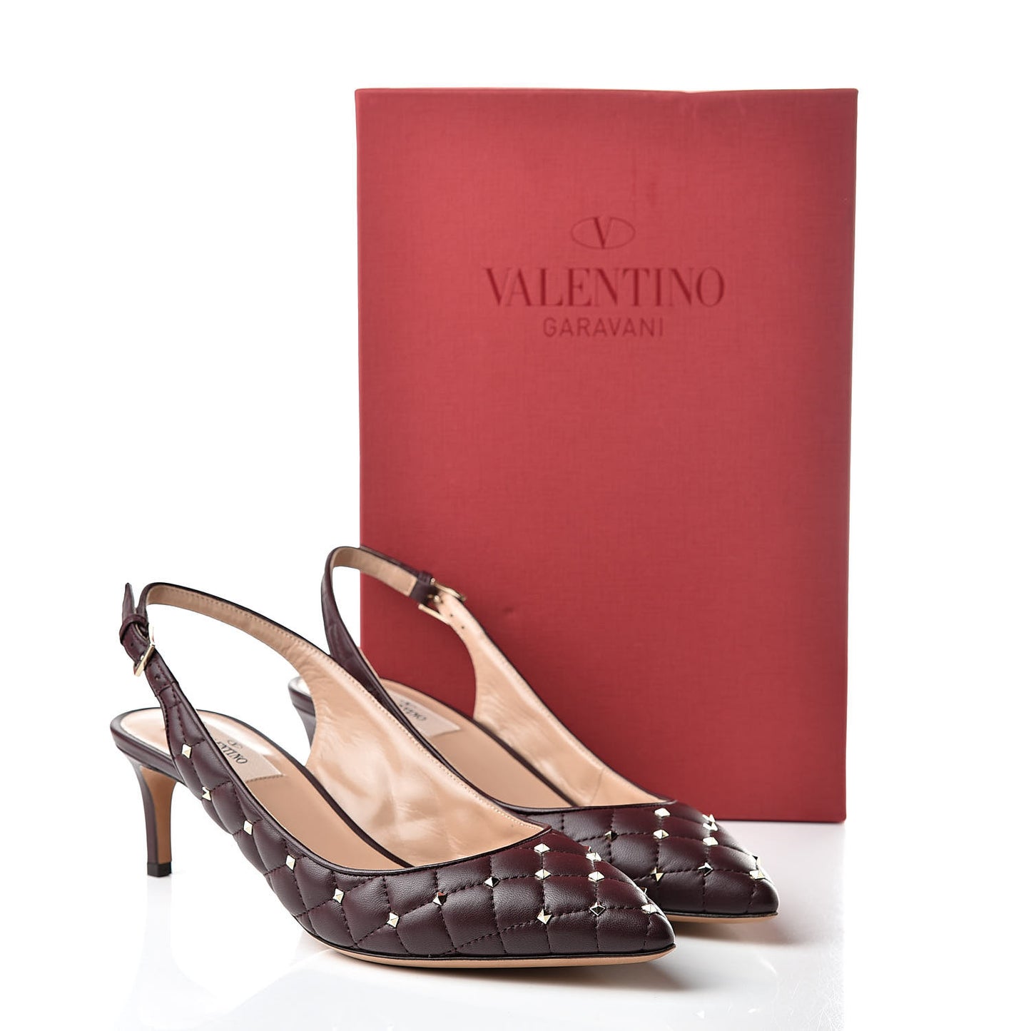 Nappa Quilted Rockstud Spike Slingback Low Heel Pumps 39 Rubin