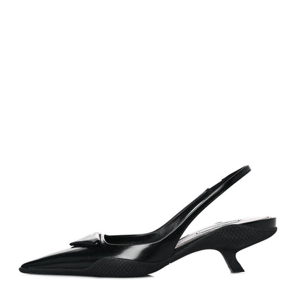Prada Spazzolato Triangle Logo Pointed Toe 45mm Slingback Pumps 37.5 Black 1 of 7