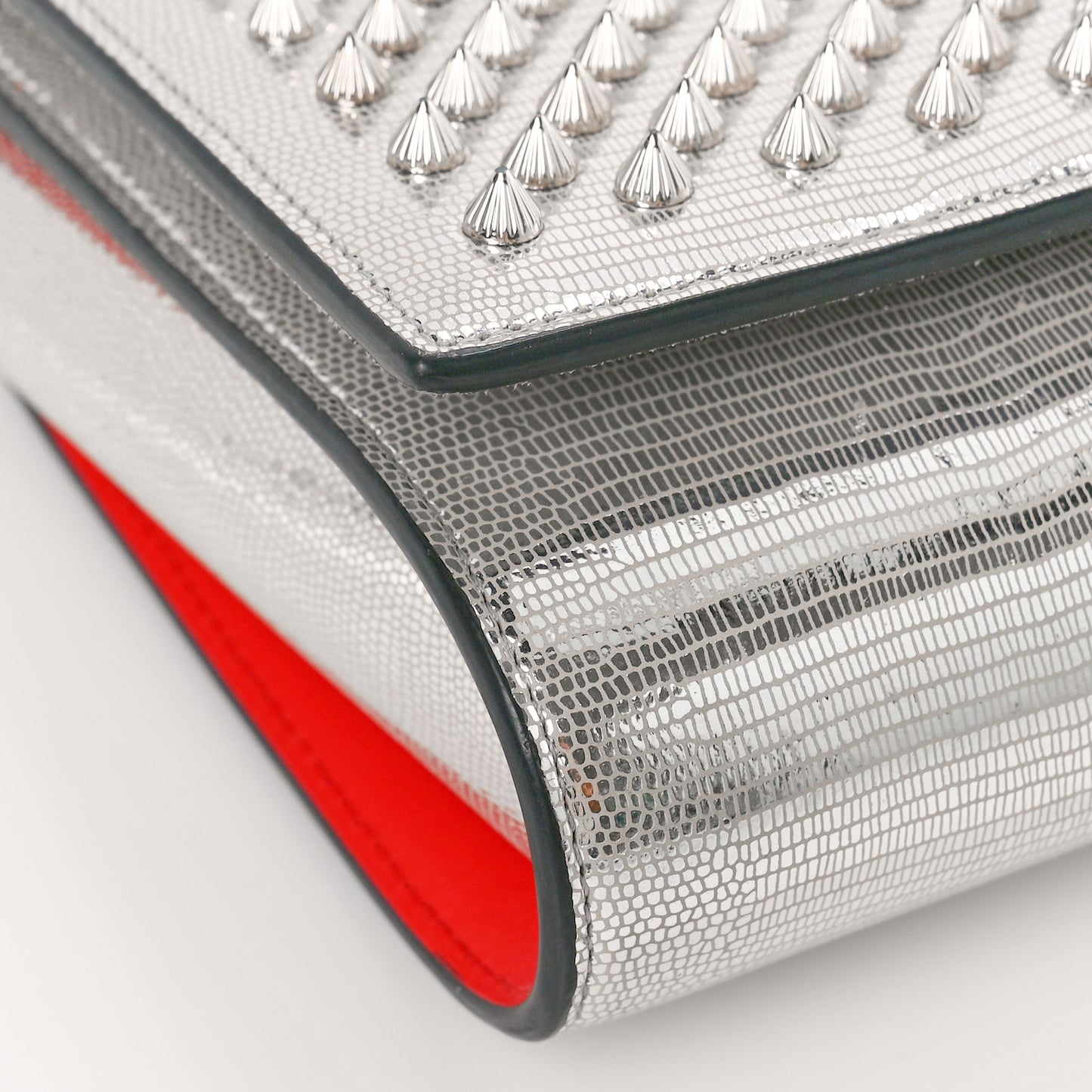 Metallic Laminato Lizard Embossed Spikes Paloma Clutch Silver