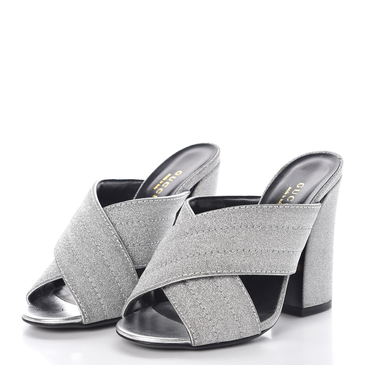 Gucci Glitter Fabric Webby Crossover High Heel Slide Sandals 35.5 Argento 3 of 9