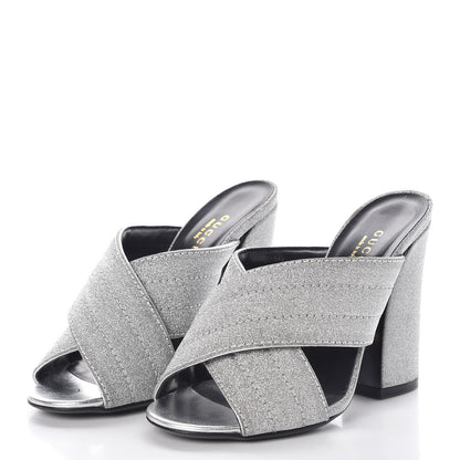 Gucci Glitter Fabric Webby Crossover High Heel Slide Sandals 35.5 Argento 3 of 9
