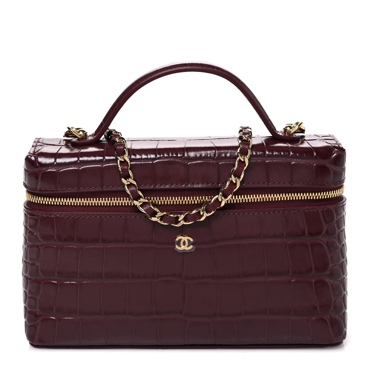 Calfskin Crocodile Embossed Crococo Top Handle Slim Vanity Case With Chain Dark Burgundy