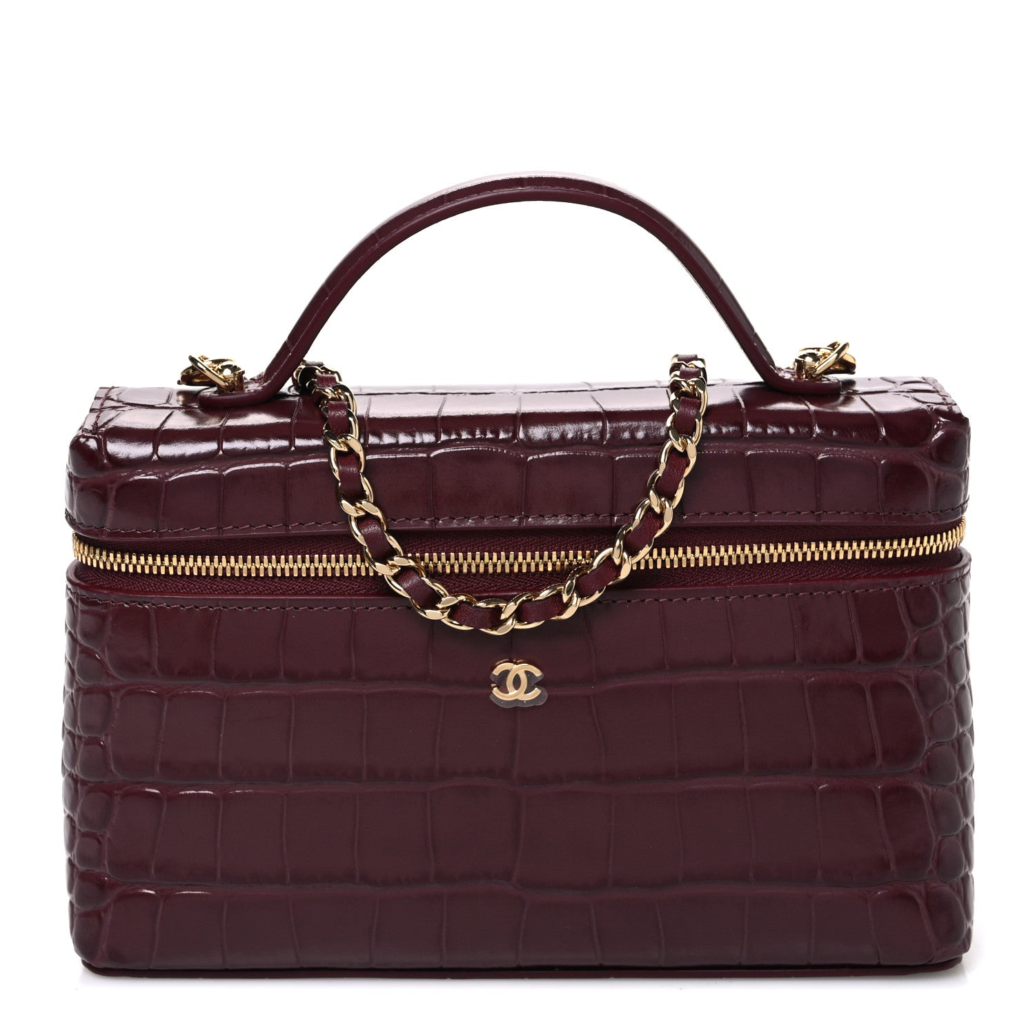Chanel Calfskin Crocodile Embossed Crococo Top Handle Slim Vanity Case With Chain Dark Burgundy 1 of 12