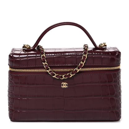 Chanel Calfskin Crocodile Embossed Crococo Top Handle Slim Vanity Case With Chain Dark Burgundy 1 of 12