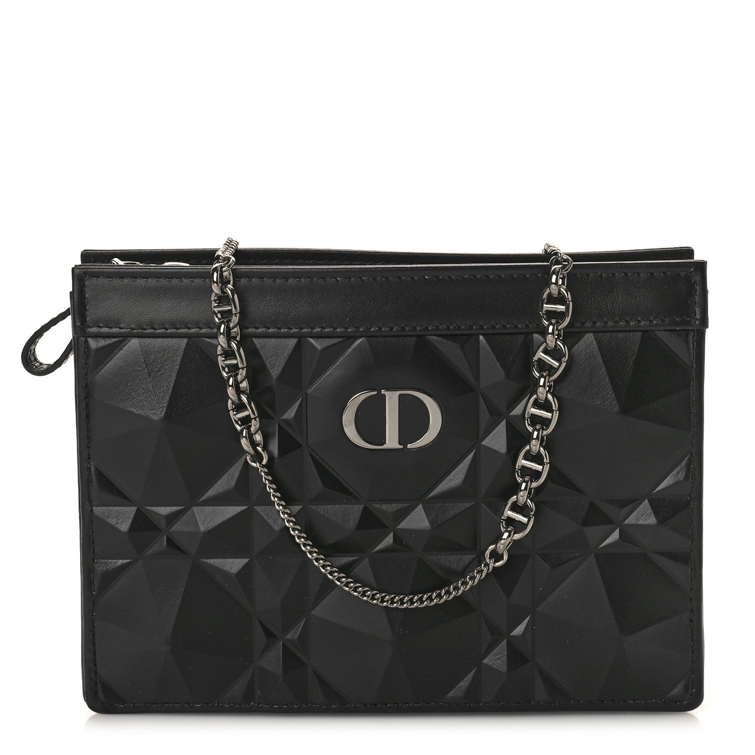 Christian Dior Calfskin Macrocannage Diamond Caro Zipped Pouch With Chain Black 1 of 8