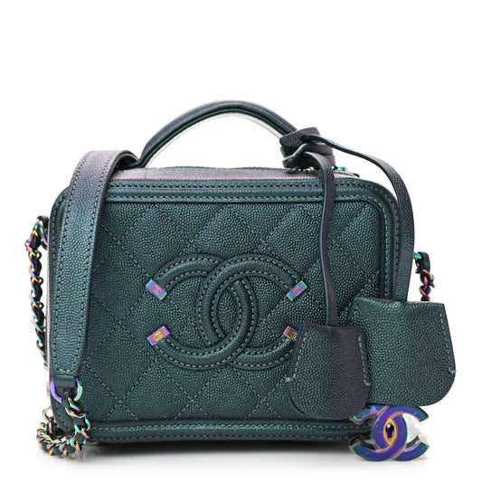 Iridescent Caviar Quilted Small CC Filigree Vanity Case Dark Turquoise