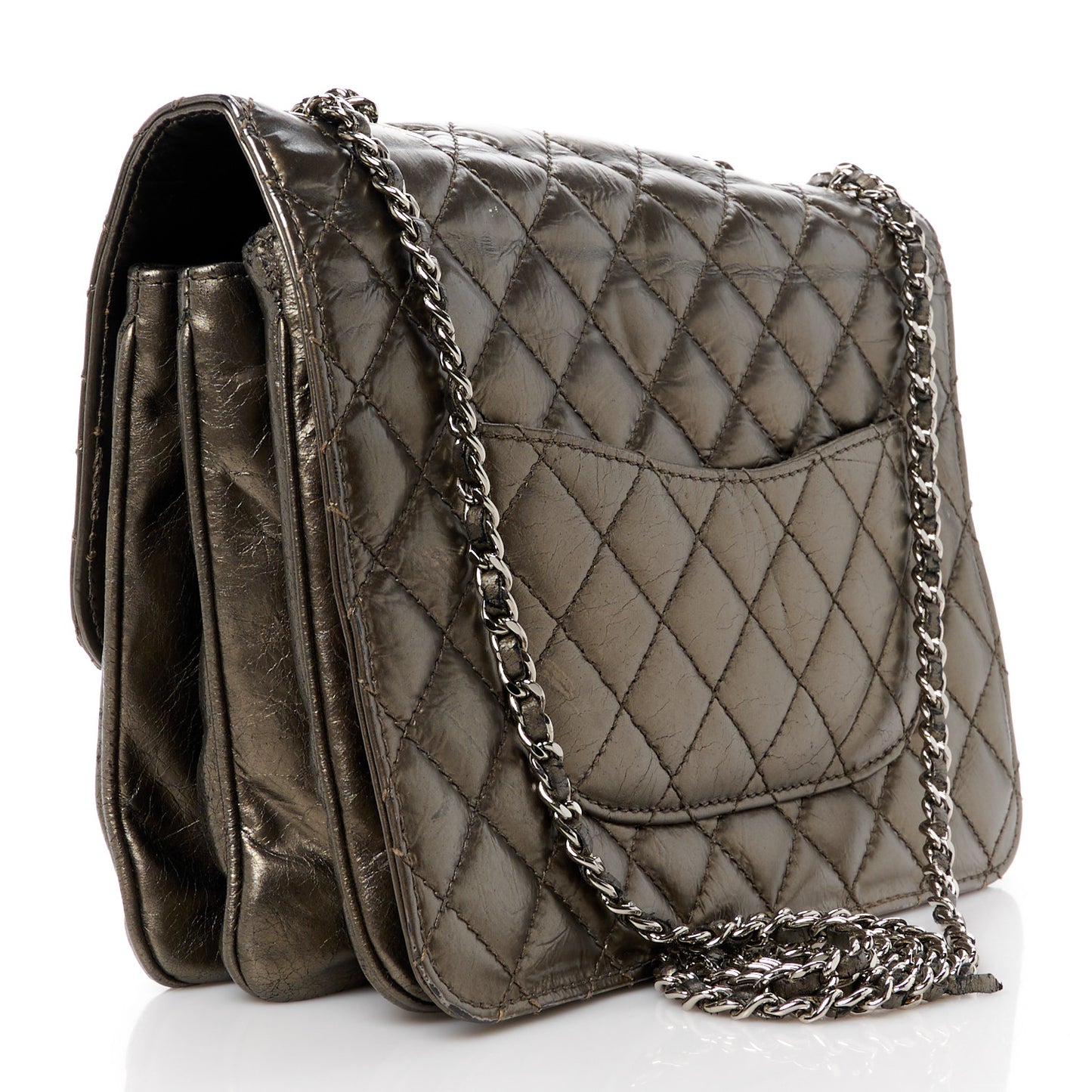 Metallic Crackled Calfskin Medium Clam's Pocket Flap Dark Silver