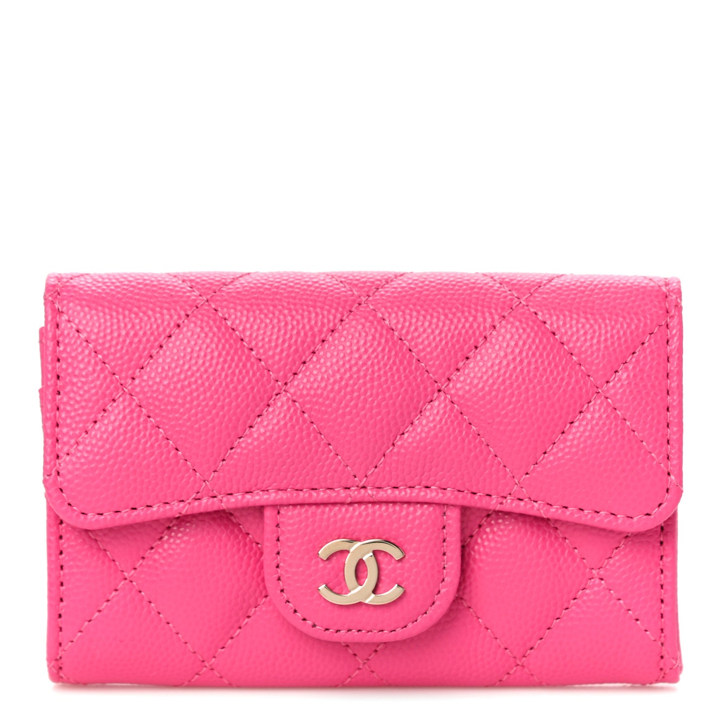 Caviar Quilted Flap Card Holder Wallet Dark Pink