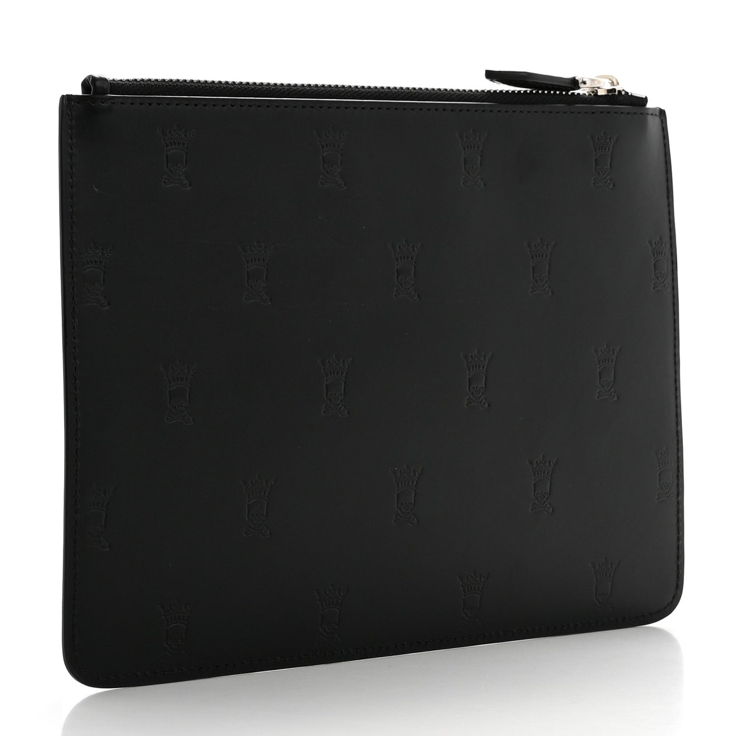 Smooth Calfskin Skull Embossed Zip Pouch Black
