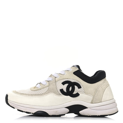 Chanel Mesh Suede Calfskin Grained Calfskin Womens CC Sneakers 37 White Black 1 of 9