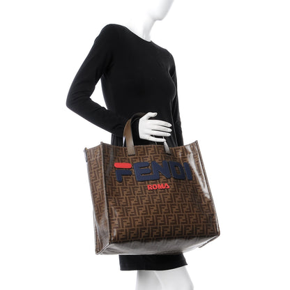 Fendi X FILA Glazed Fabric FF 1974 Mania Shopping Tote Bag Mogano Panna Blueberry 3 of 10
