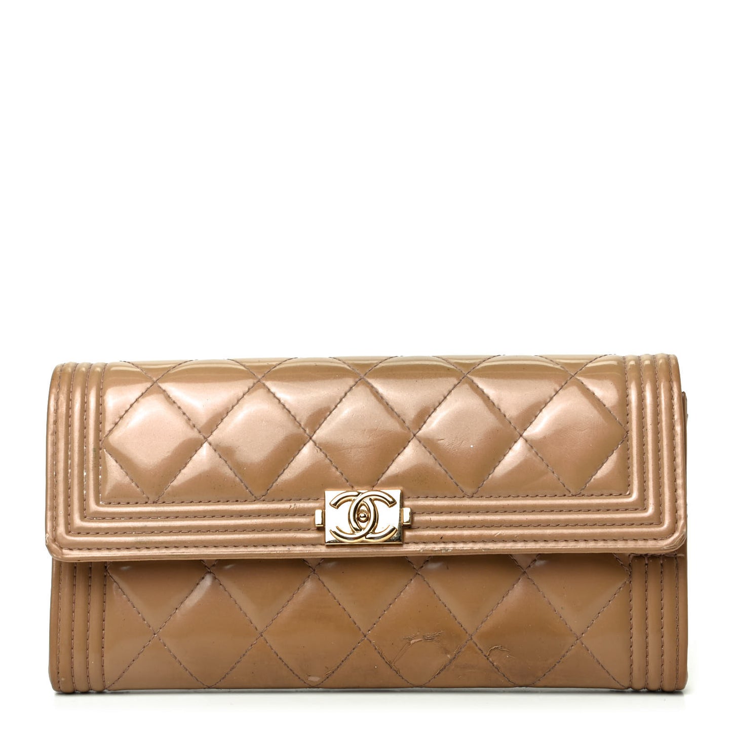 Iridescent Patent Calfskin Quilted Boy Flap Wallet Dark Beige