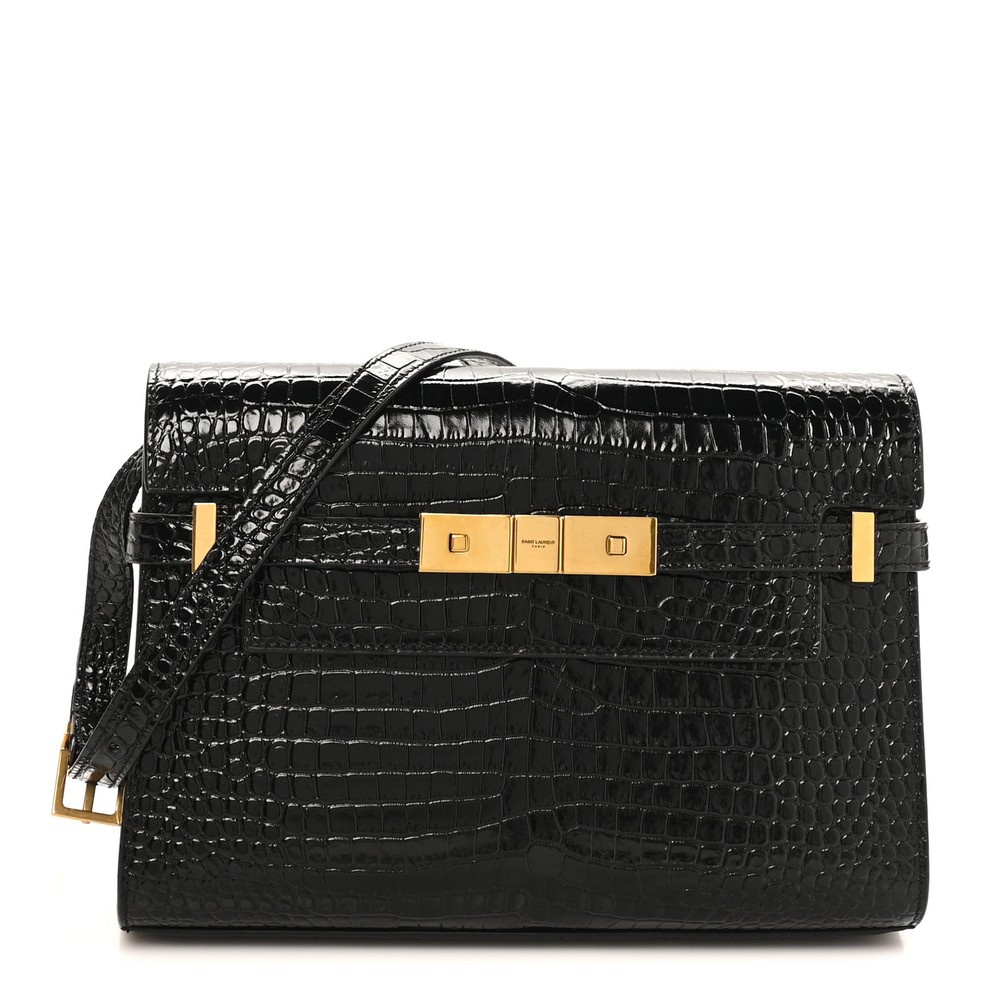Shiny Calfskin Crocodile Embossed Small Manhattan Baguette Black