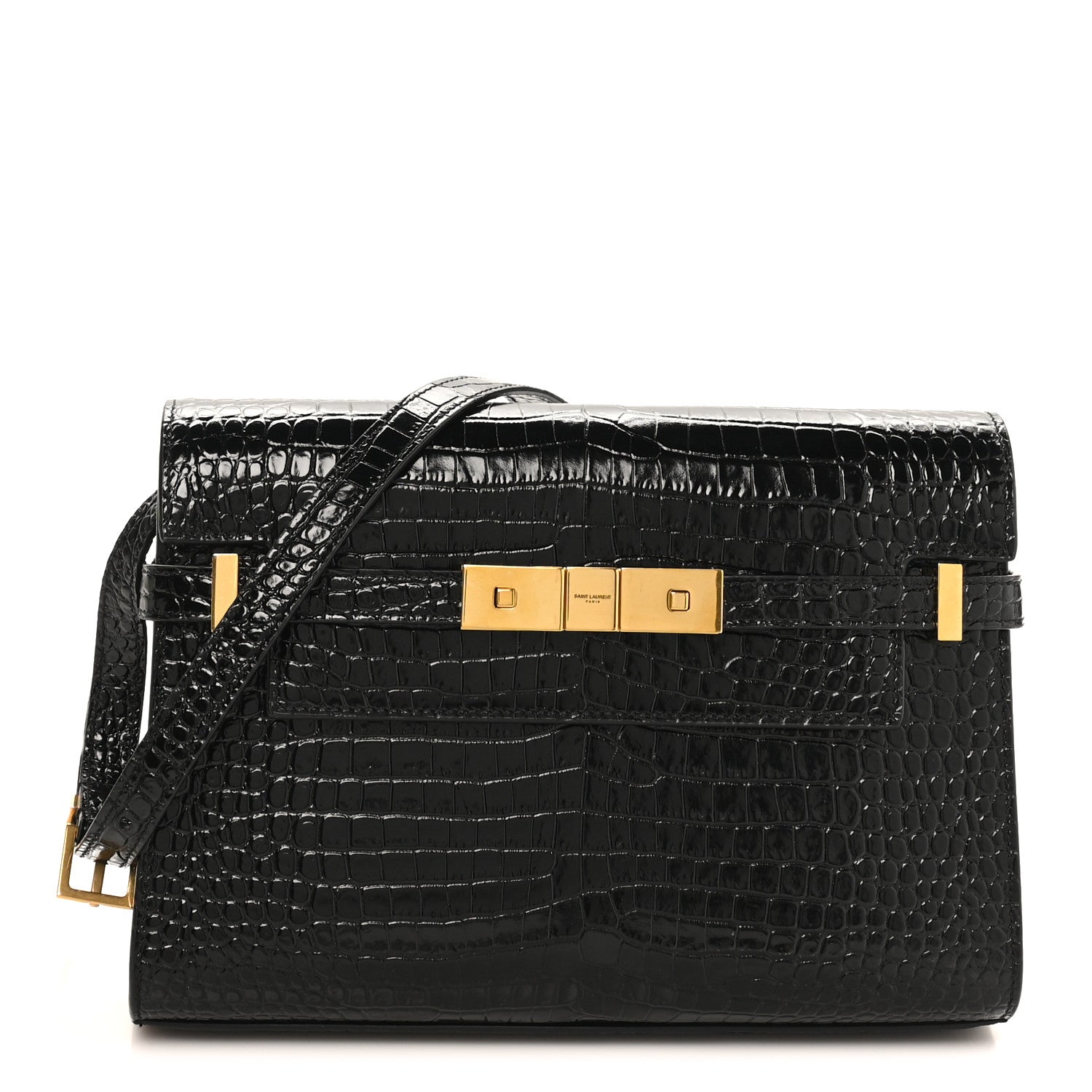 Saint Laurent Shiny Calfskin Crocodile Embossed Small Manhattan Baguette Black 1 of 9