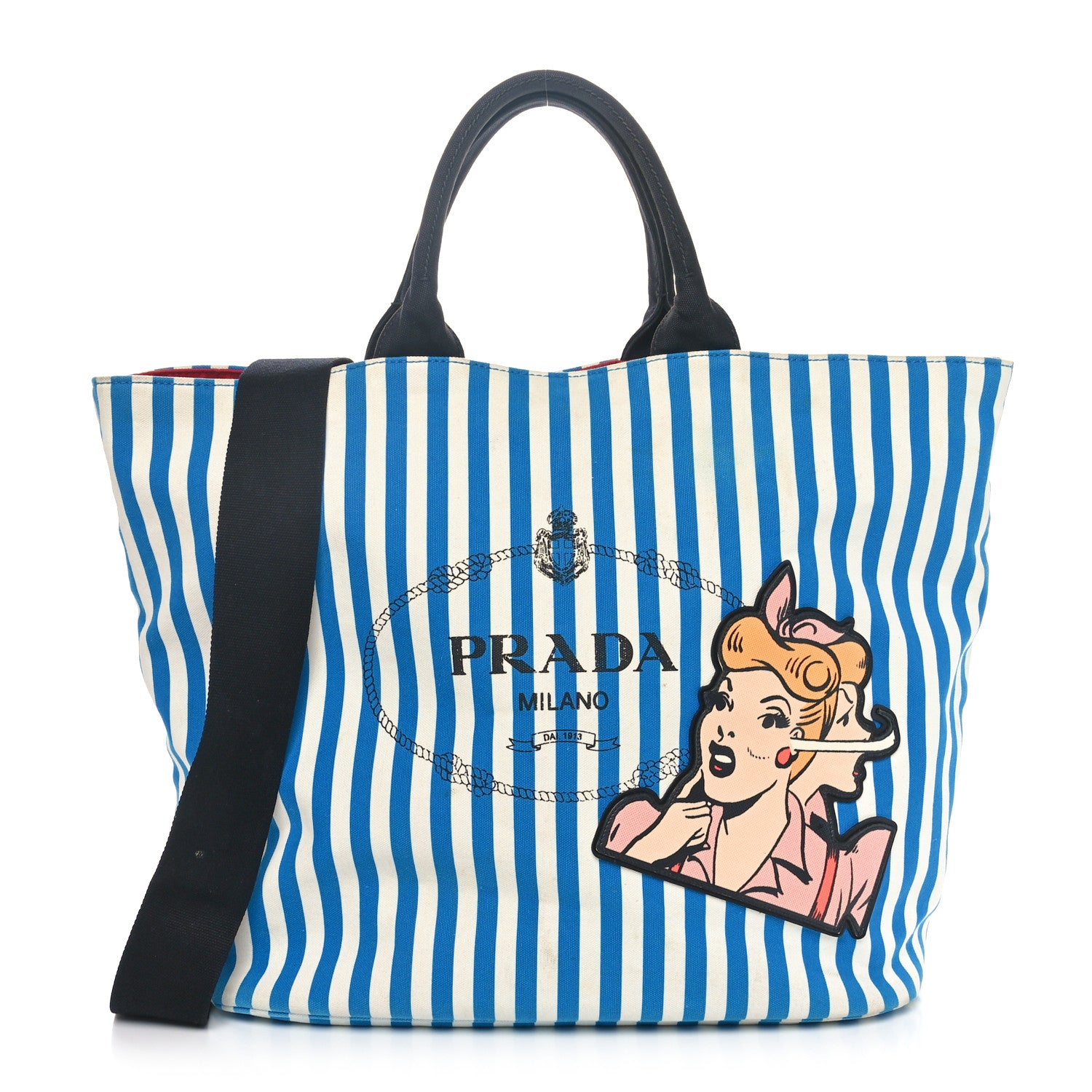 Prada Canvas Striped Comic Shopping Tote Blue White 1 of 10