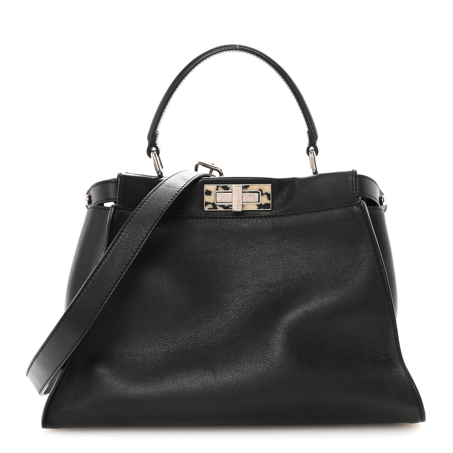 Fendi Vitello Dolce Shiny Nappa Plexglass Granite Medium Peekaboo Iconic Satchel Black 1 of 10