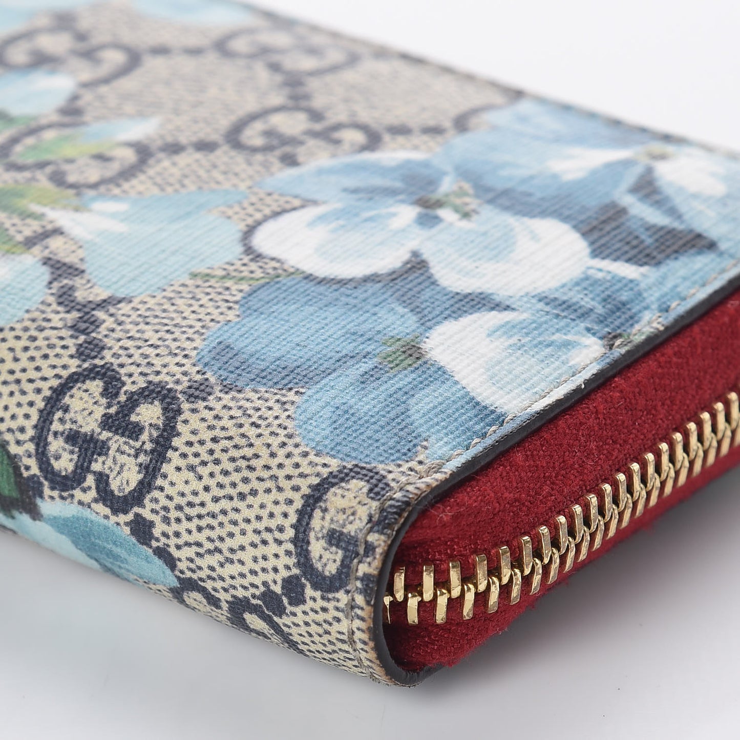 GG Supreme Monogram Blooms Zip Around Card Case Wallet Beige Blue Navy Hibiscus Red