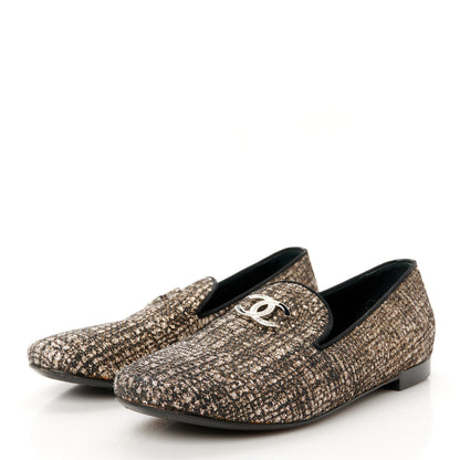 Chanel Fantasy Fabric Grosgrain CC Mocassin Loafers 37.5 Silver Black 4 of 10