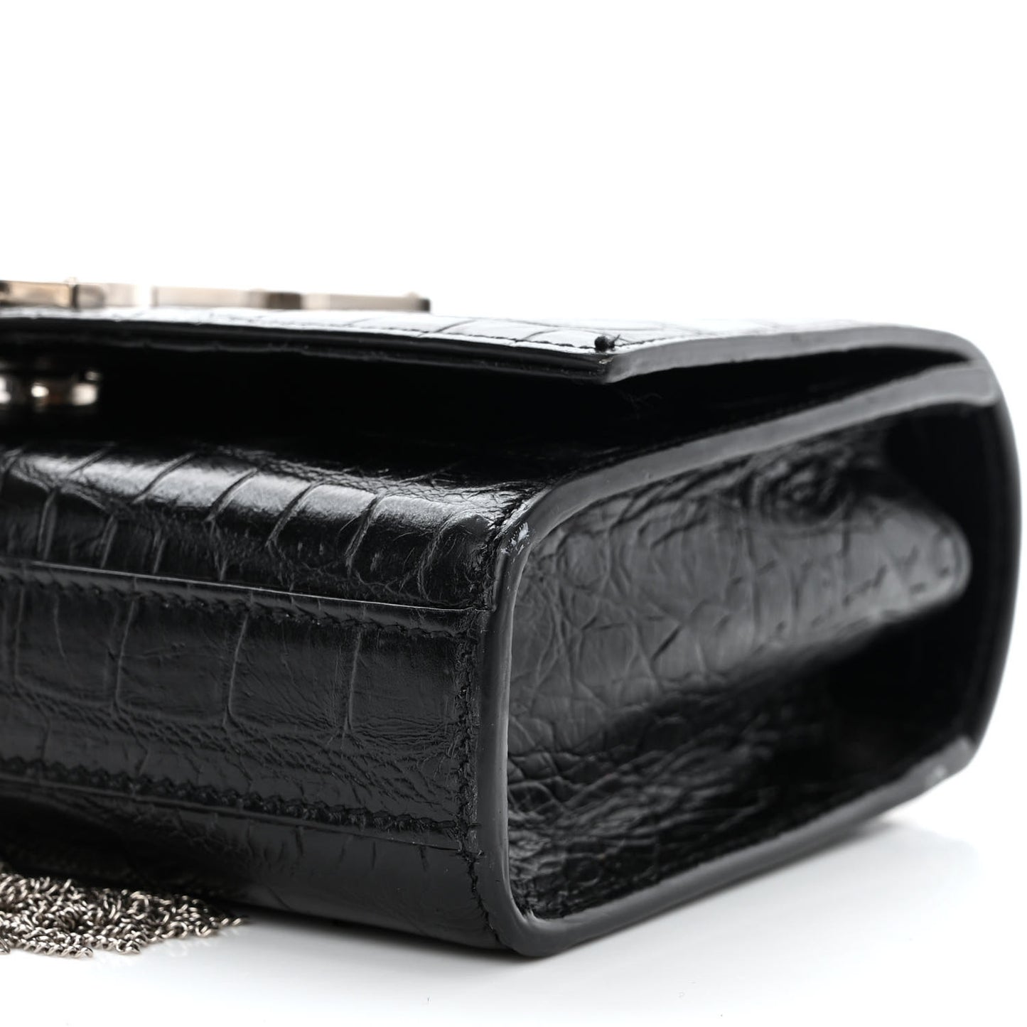 Calfskin Crocodile Embossed Small Classic Monogram Kate Tassel Satchel Black