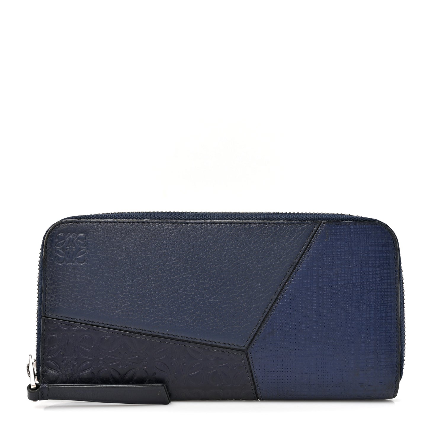 Calfskin Embossed Repeat Puzzle Zip Around Wallet Blue