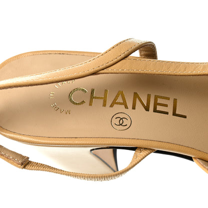 Chanel Goatskin Grosgrain Cap Toe CC Slingback Pumps 37 Beige Black 8 of 9