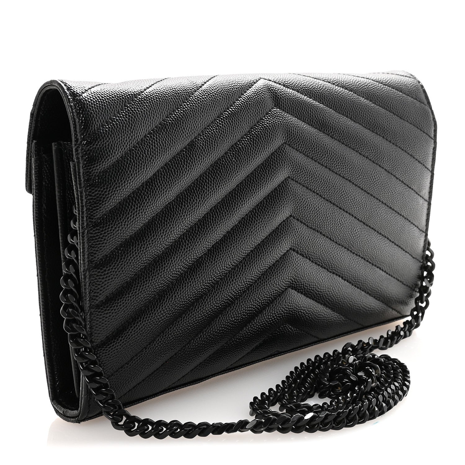 Saint Laurent Grain De Poudre Matelasse Chevron Monogram Monochrome Chain Wallet Black 3 of 9