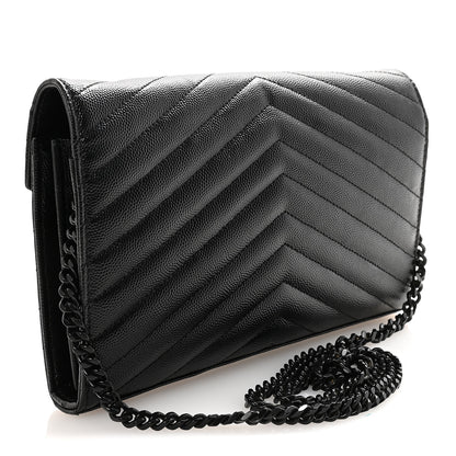 Saint Laurent Grain De Poudre Matelasse Chevron Monogram Monochrome Chain Wallet Black 3 of 9