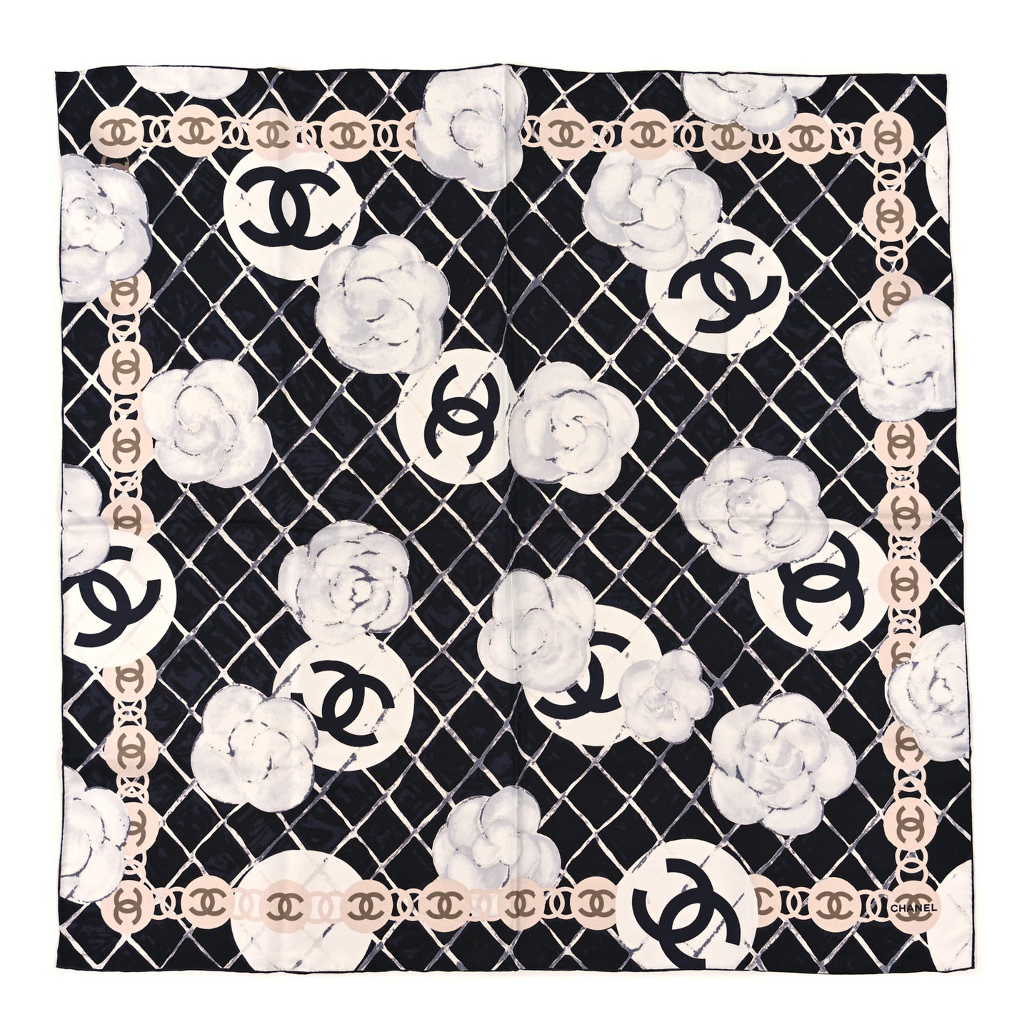 Silk Camellia CC Square Scarf Black
