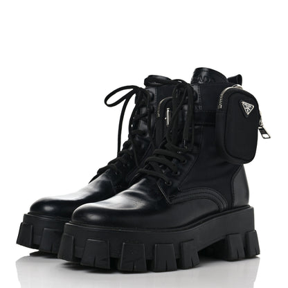 Prada Spazzolato Rois Nylon Metal Triangle Logo Monolith Pouch Pocket 55mm Boots 38.5 Black 3 of 16