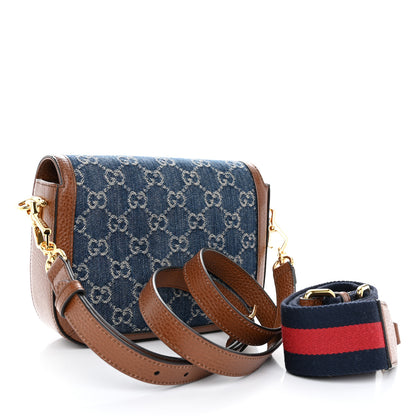 Gucci New Denim GG Monogram Dollar Calfskin Web Mini Horsebit 1955 Shoulder Bag Blue Tea Cuir Epilog 3 of 10
