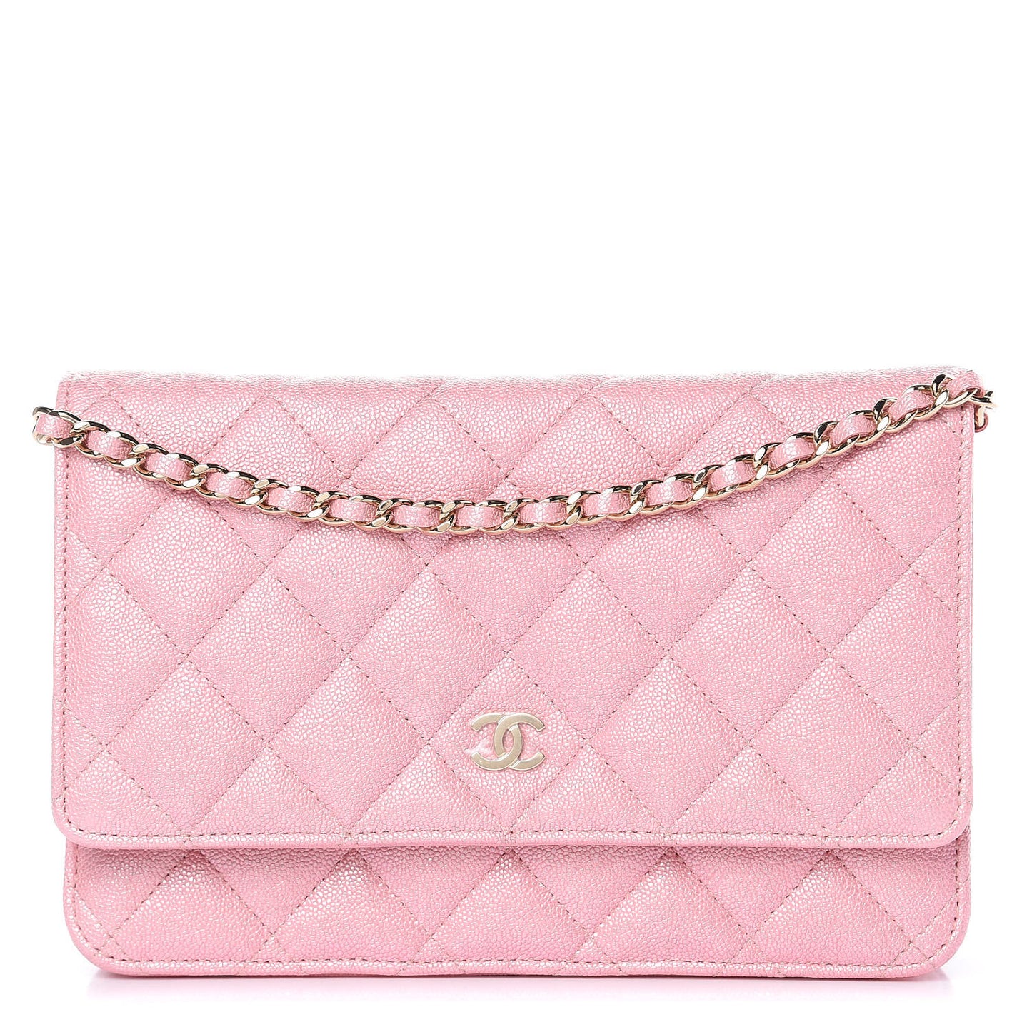 Iridescent Caviar Quilted Wallet on Chain WOC Rose Pink
