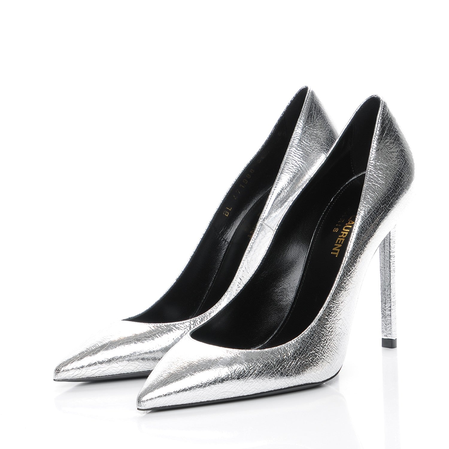 Saint Laurent Metallic Cracked Goatskin Anja 105 Pumps 38.5 Argento 3 of 9