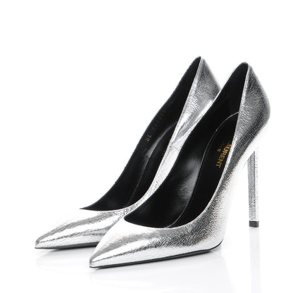 Saint Laurent Metallic Cracked Goatskin Anja 105 Pumps 38.5 Argento 3 of 9