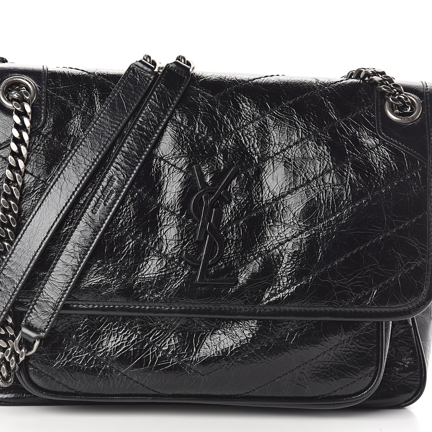 Crinkled Calfskin Matelasse Monogram Medium Niki Chain Satchel Black