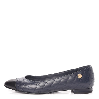 Chanel Aged Calfskin Quilted CC Cap Toe Ballerina Flats 37 Navy 1 of 14