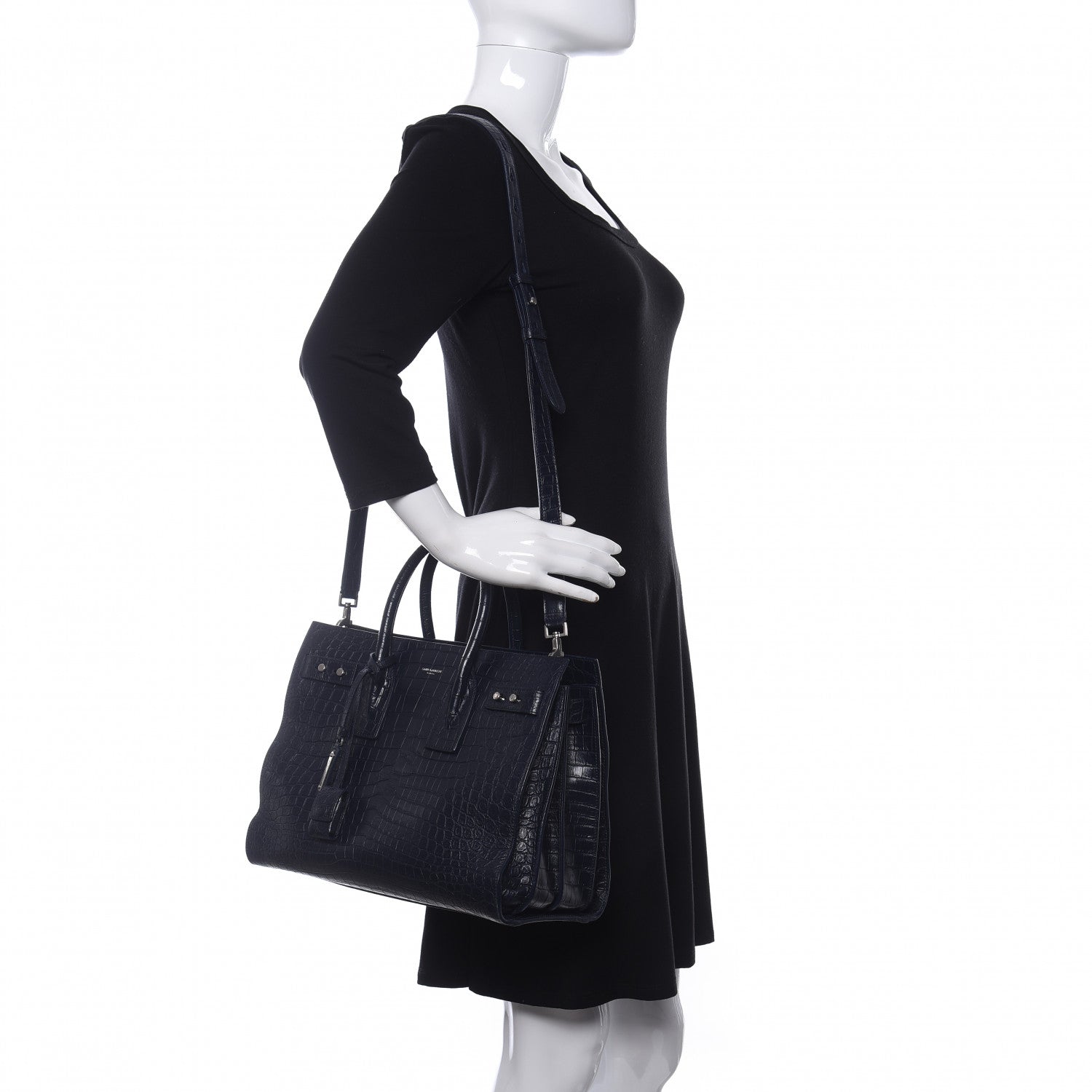 Saint Laurent Calfskin Crocodile Embossed Small Supple Sac de Jour Navy 2 of 9