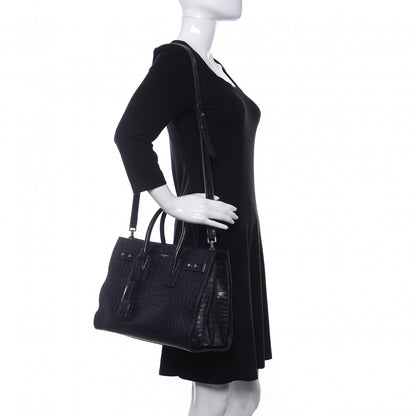 Saint Laurent Calfskin Crocodile Embossed Small Supple Sac de Jour Navy 2 of 9