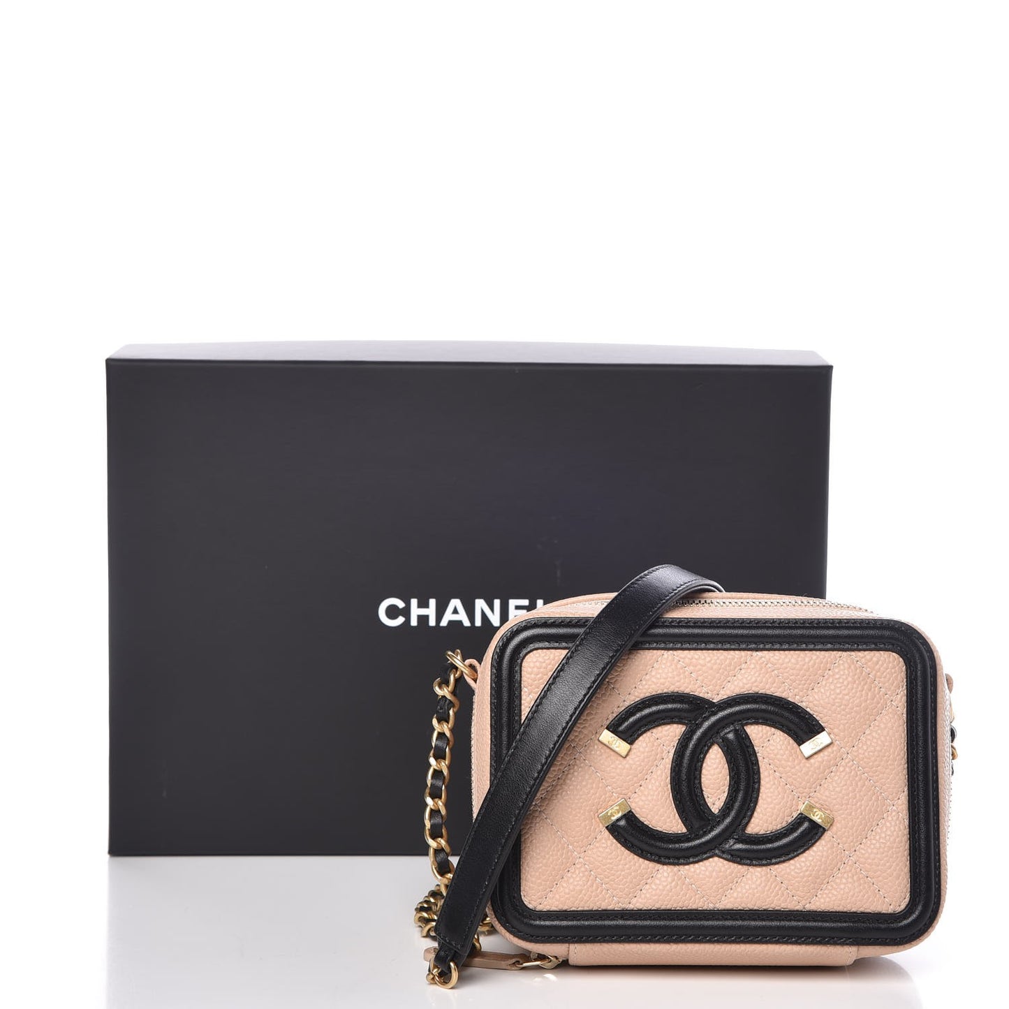 Caviar Quilted CC Filigree Vanity Clutch With Chain Beige Black