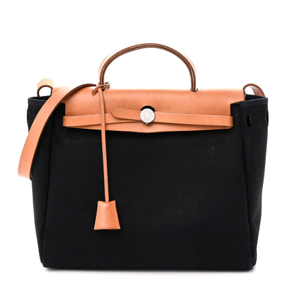 Hermes Toile Vache Calfskin Herbag 30 PM Black Natural 1 of 10