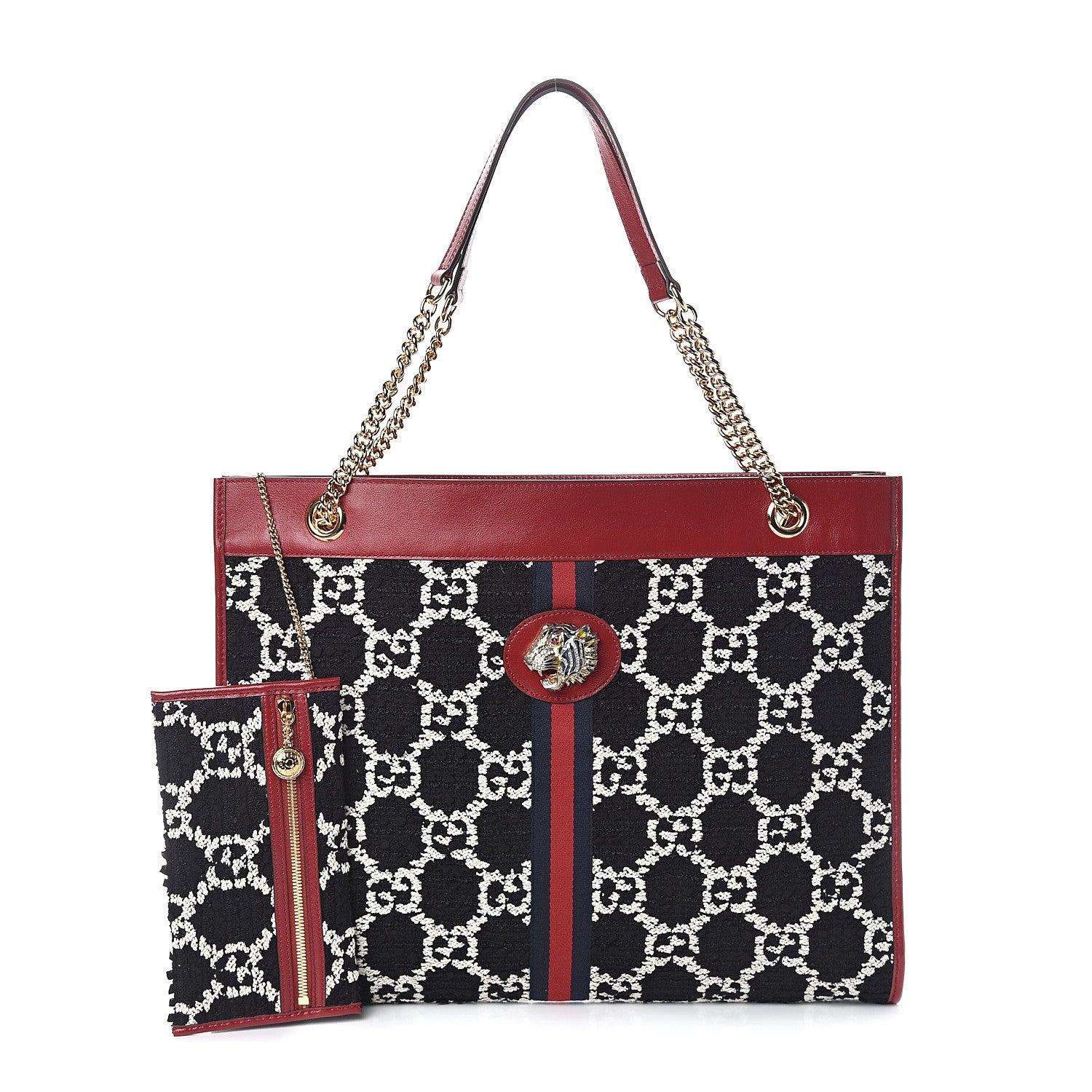 Gucci Tweed GG Monogram Large Rajah Chain Tote Romantic Cherry Black White 1 of 9