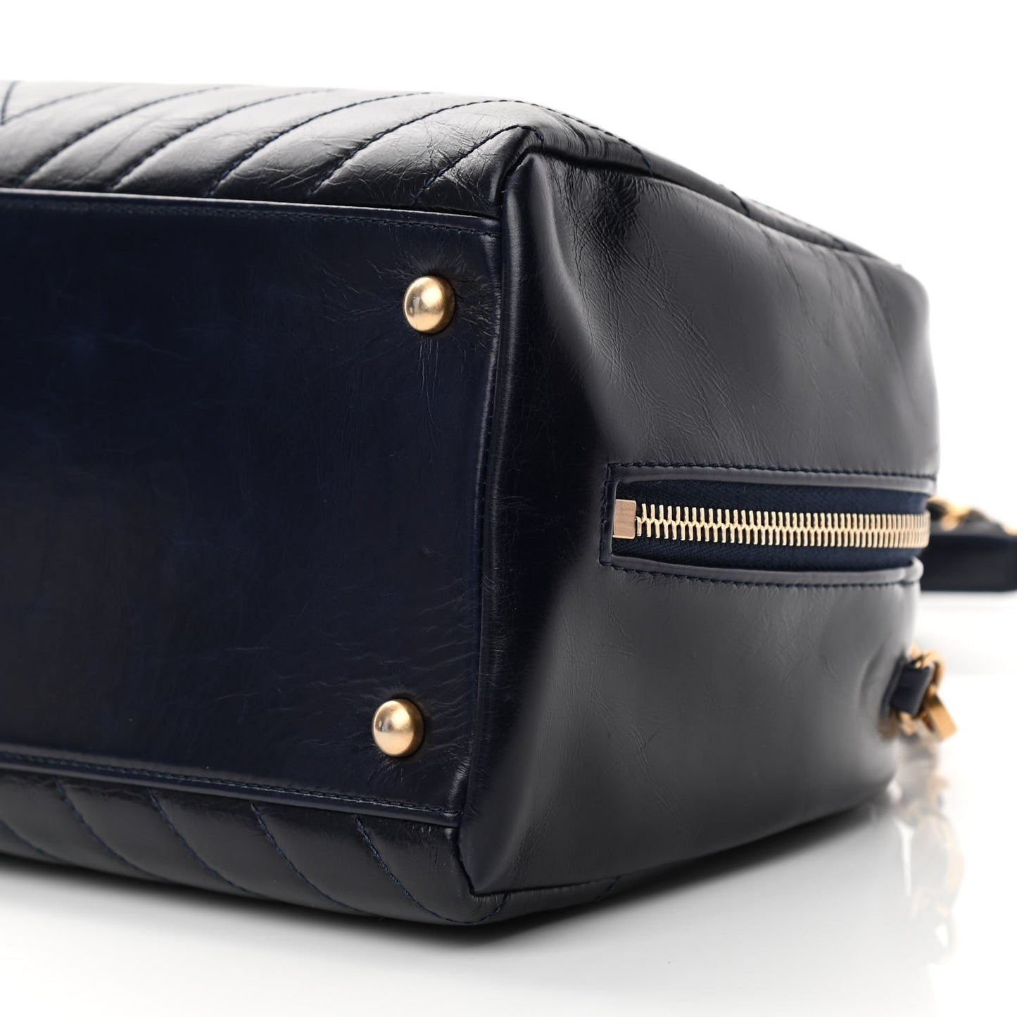 Glazed Calfskin Chevron Small Bowling Bag Navy