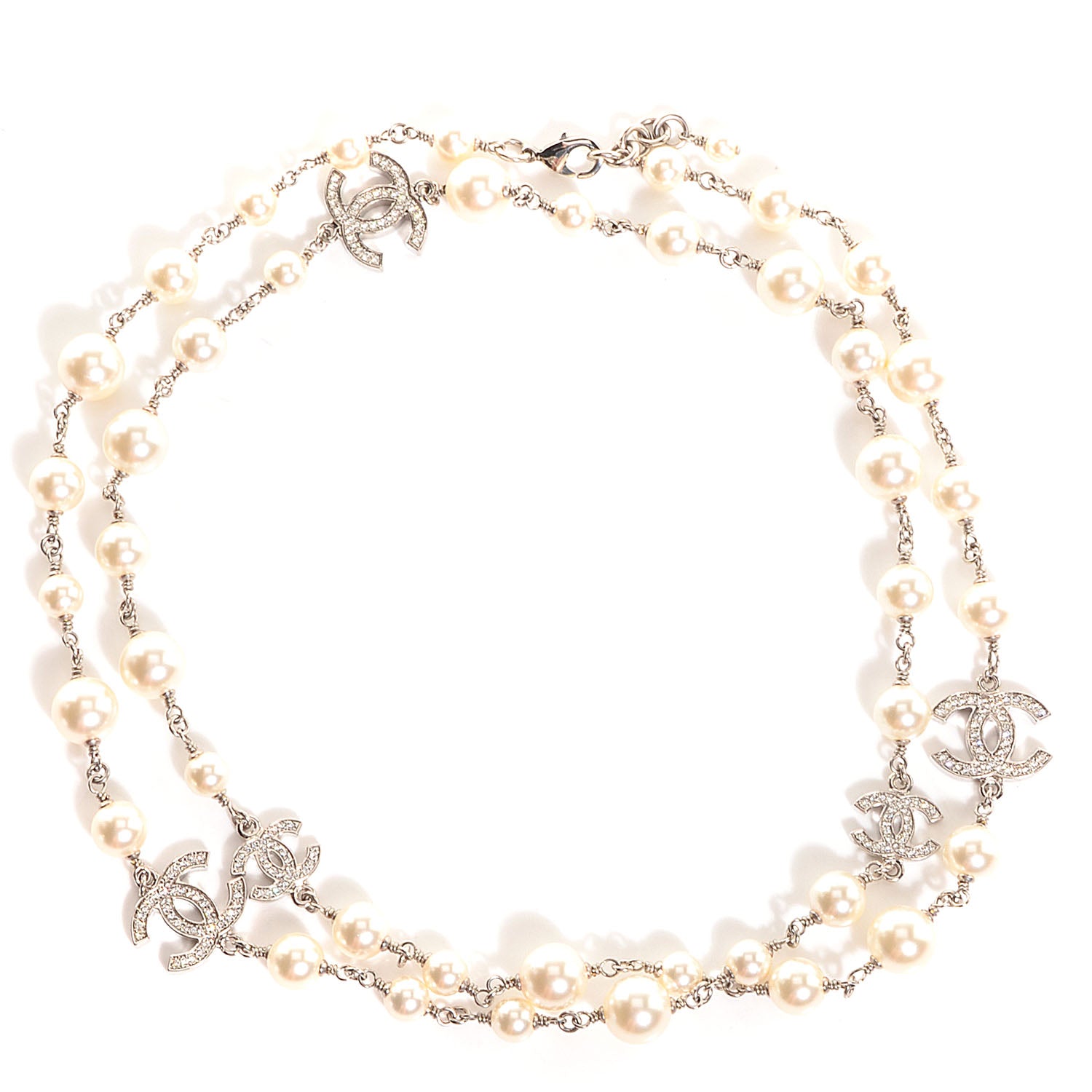 Chanel Crystal Pearl CC Long Necklace Silver 1 of 4