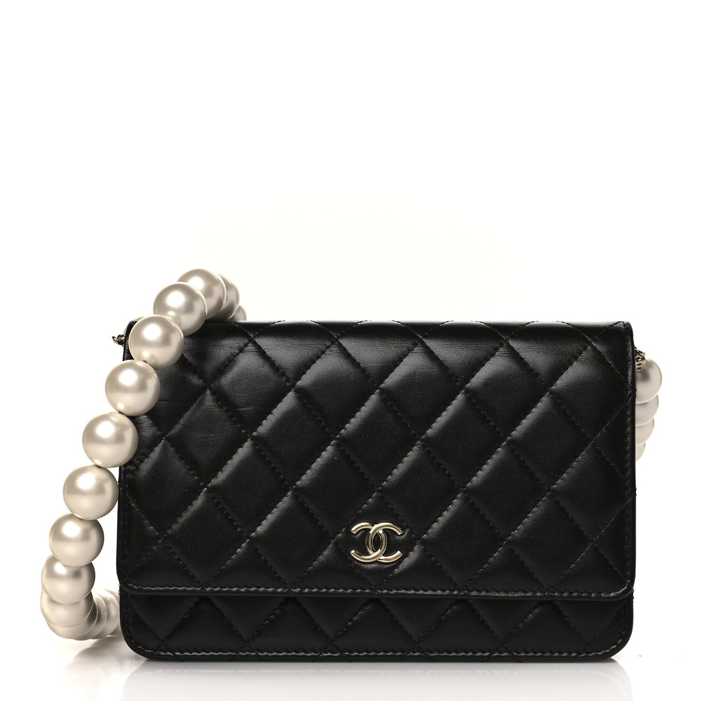 Lambskin Quilted Pearl Wallet On Chain WOC Black