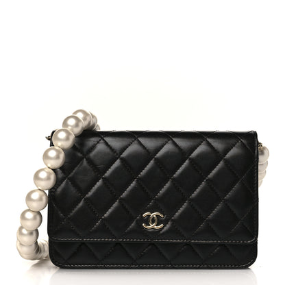 Chanel Lambskin Quilted Pearl Wallet On Chain WOC Black 1 of 9